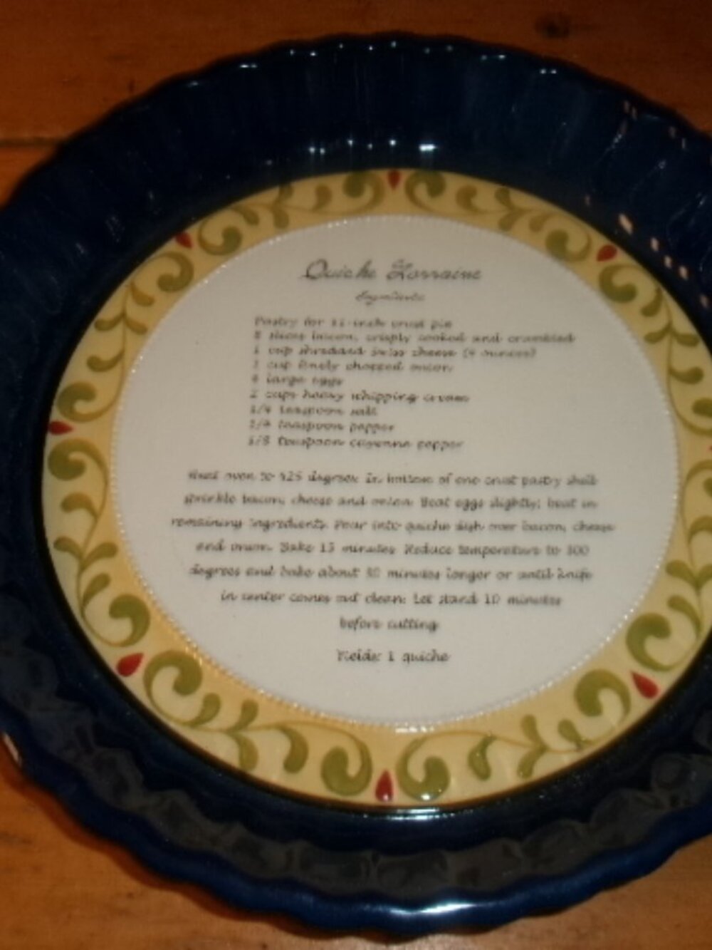 Vtg Pie ceramic recipe dish fluted Quiche Lorraine blue yellow MINT